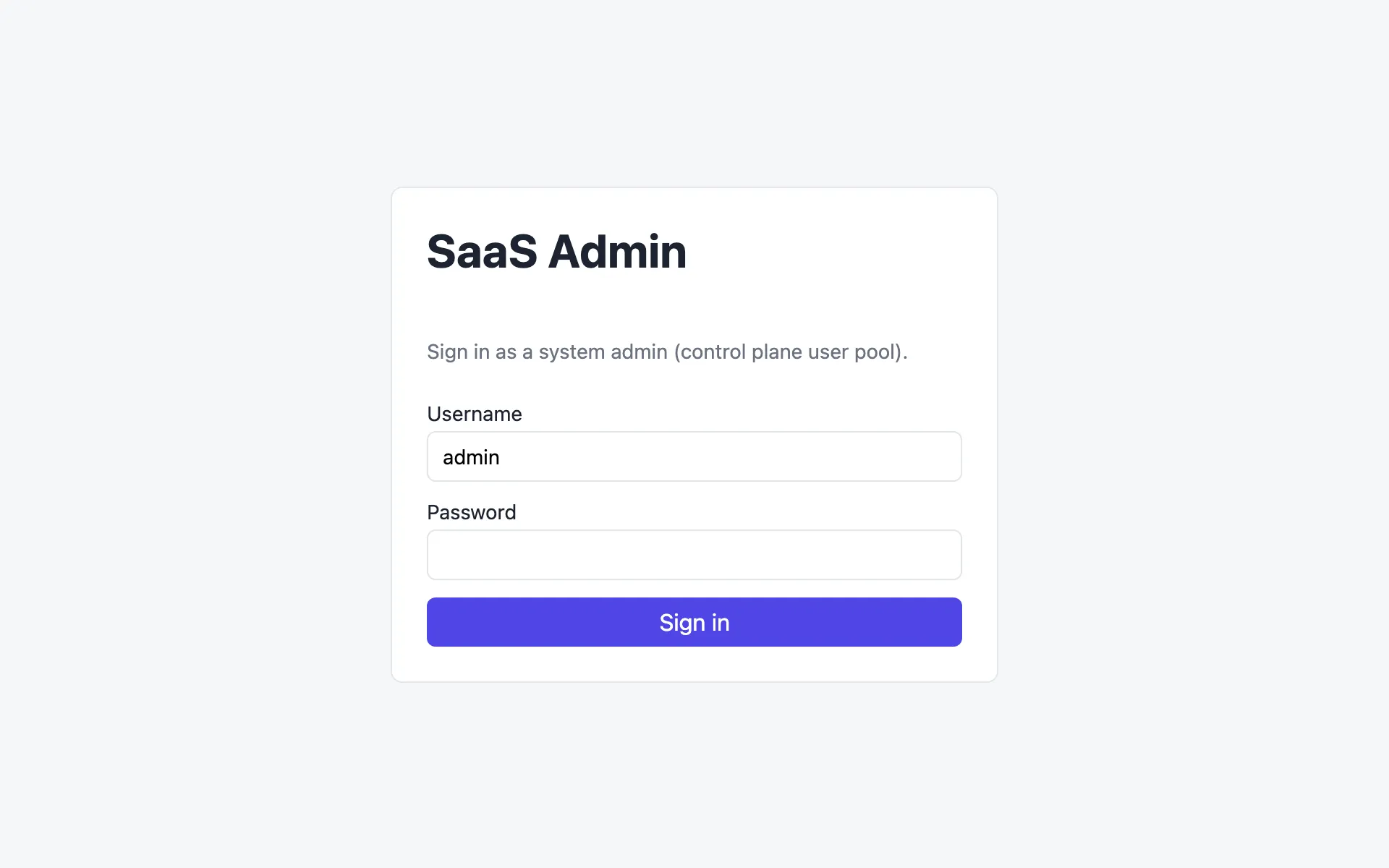 The admin console sign-in form, with Username prefilled as admin and a Password field.