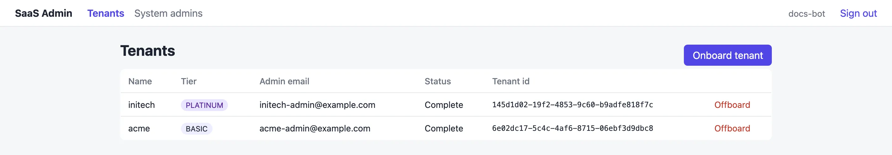 The Tenants page listing initech on the PLATINUM tier and acme on the BASIC tier, both with status Complete, each with an Offboard link.